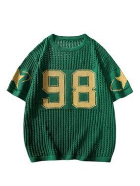 Women's Y2K Jersey Shirts Oversized Number Crochet Hollow Out Jersey Tee Sweater